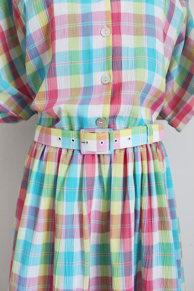 VINTAGE PLAID CHECK BELTED DRESS - SIZE 18