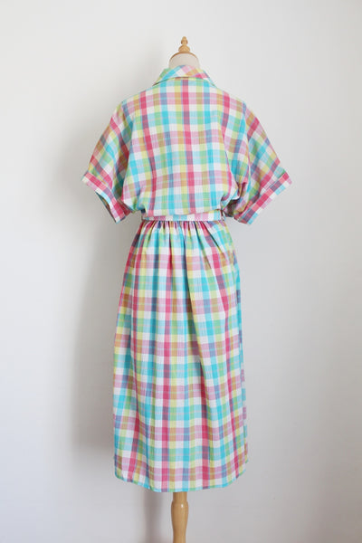 VINTAGE PLAID CHECK BELTED DRESS - SIZE 18