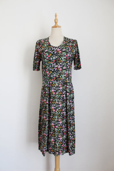 VINTAGE CHINTZ PRINT BUTTON DOWN DRESS BLACK - SIZE 8