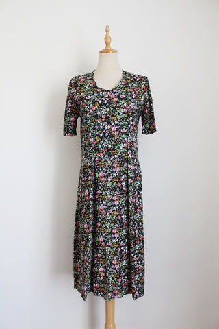 VINTAGE CHINTZ PRINT BUTTON DOWN DRESS BLACK - SIZE 8