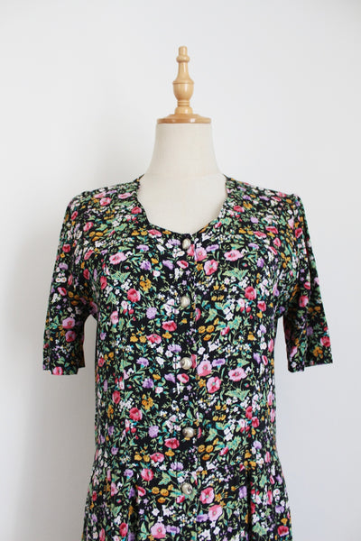 VINTAGE CHINTZ PRINT BUTTON DOWN DRESS BLACK - SIZE 8
