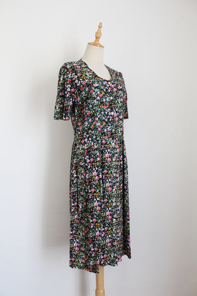 VINTAGE CHINTZ PRINT BUTTON DOWN DRESS BLACK - SIZE 8