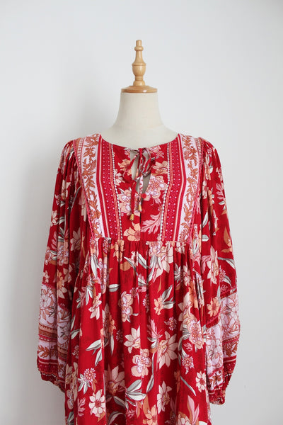 FLORAL TUNIC DRESS RED WHITE - SIZE S