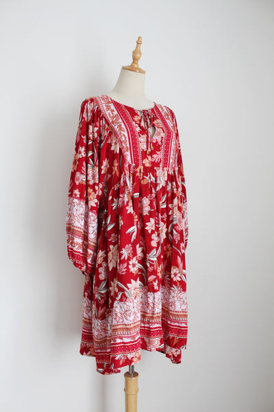 FLORAL TUNIC DRESS RED WHITE - SIZE S