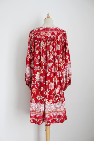 FLORAL TUNIC DRESS RED WHITE - SIZE S