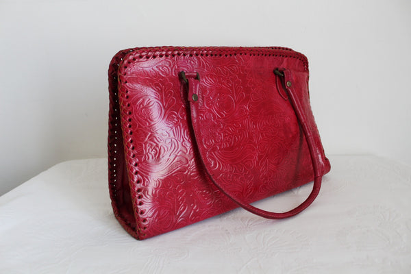 GENUINE LEATHER EMBOSSED HANDBAG RED