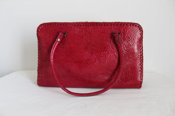 GENUINE LEATHER EMBOSSED HANDBAG RED