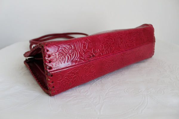 GENUINE LEATHER EMBOSSED HANDBAG RED