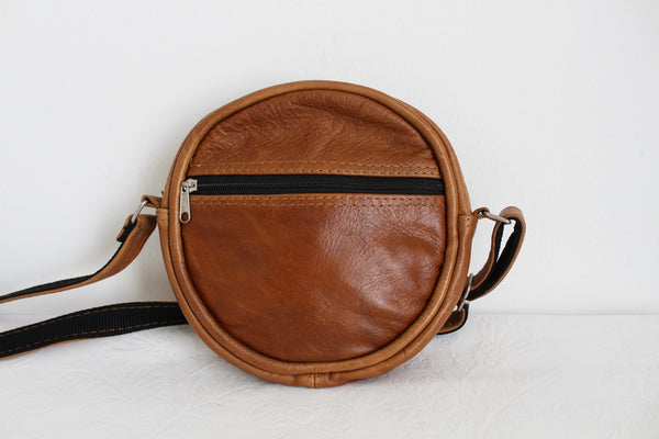 NEW GENUINE LEATHER ROUND SLING BAG TAN