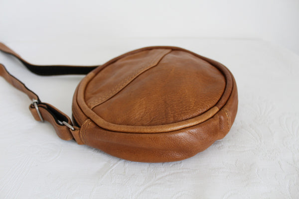 NEW GENUINE LEATHER ROUND SLING BAG TAN