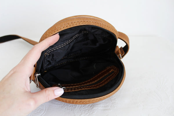 NEW GENUINE LEATHER ROUND SLING BAG TAN