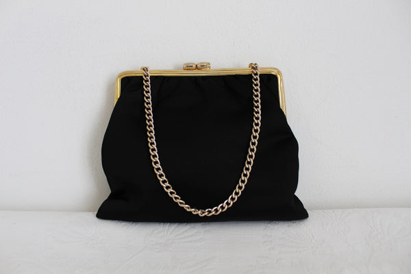VINTAGE SATIN CHAIN EVENING BAG BLACK