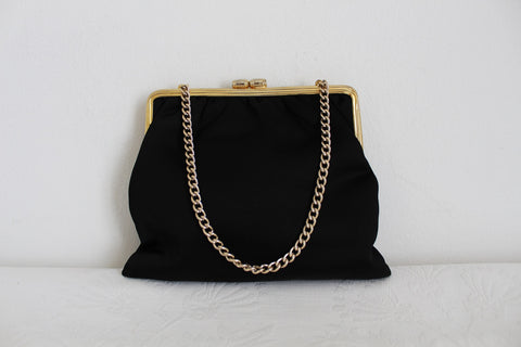 VINTAGE SATIN CHAIN EVENING BAG BLACK