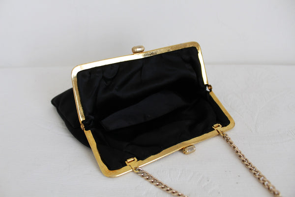 VINTAGE SATIN CHAIN EVENING BAG BLACK