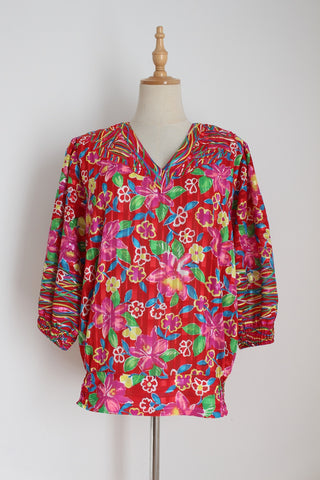 VINTAGE FLORAL RUCHED BLOUSE RED - SIZE 14