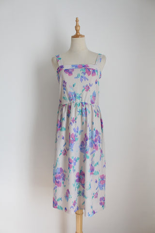 VINTAGE STRIPE FLORAL DRESS GREY - SIZE 8