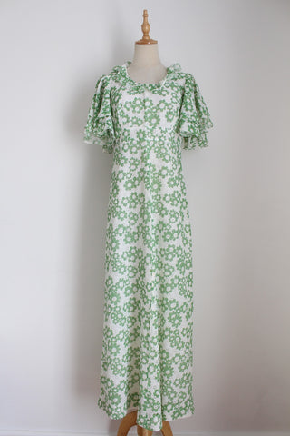 VINTAGE FLORAL RUFFLE NECK MAXI DRESS - SIZE 8