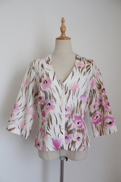 ALEX & CO 100% LINEN FLORAL JACKET - SIZE 10
