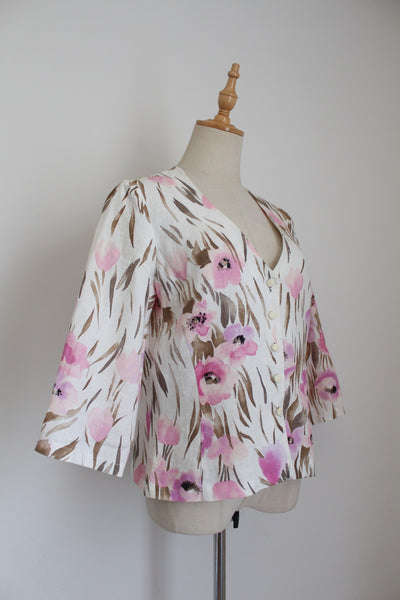 ALEX & CO 100% LINEN FLORAL JACKET - SIZE 10