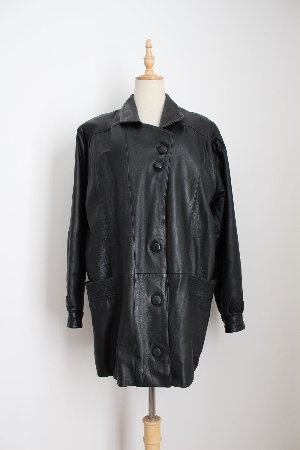 GENUINE LEATHER VINTAGE LONG JACKET BLACK - SIZE 14