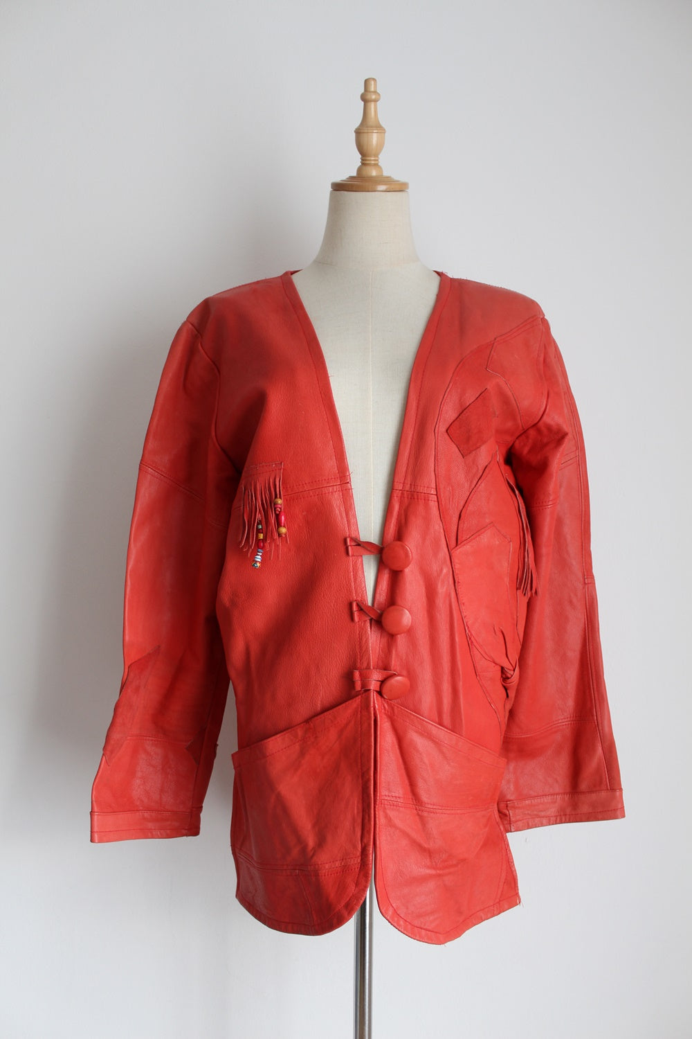 VINTAGE GENUINE LEATHER PATCH JACKET RED - SIZE 12