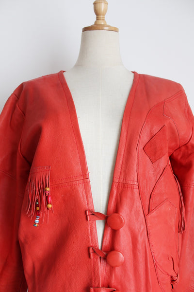VINTAGE GENUINE LEATHER PATCH JACKET RED - SIZE 12