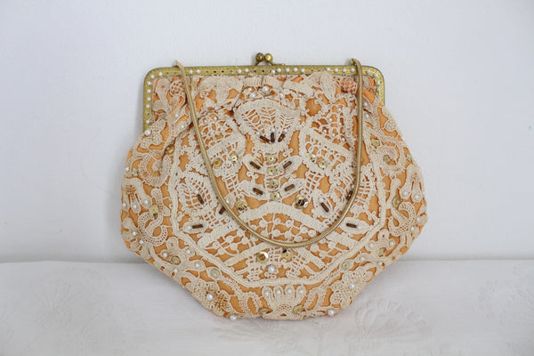 VINTAGE LACE OVERLAY EVENING BAG CREAM