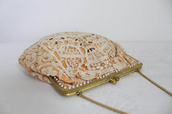 VINTAGE LACE OVERLAY EVENING BAG CREAM