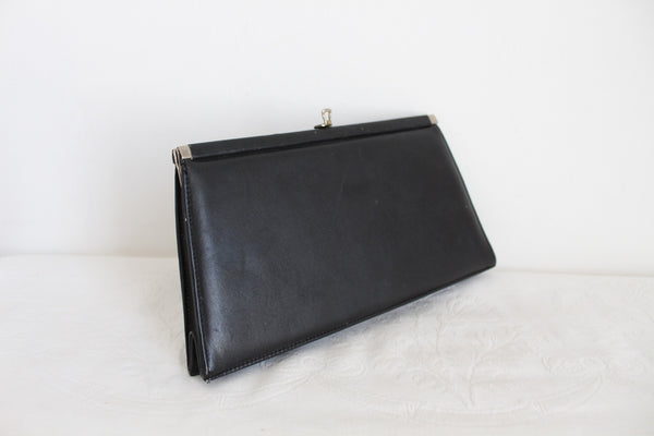VINTAGE GENUINE LEATHER CLUTCH BAG PURSE BLACK