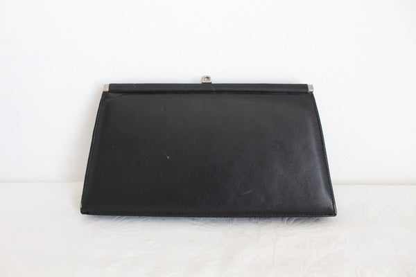 VINTAGE GENUINE LEATHER CLUTCH BAG PURSE BLACK