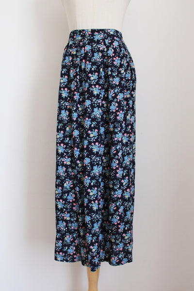 VINTAGE PLEATED FLORAL MIDI SKIRT NAVY - SIZE 12