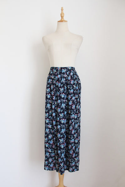 VINTAGE PLEATED FLORAL MIDI SKIRT NAVY - SIZE 12