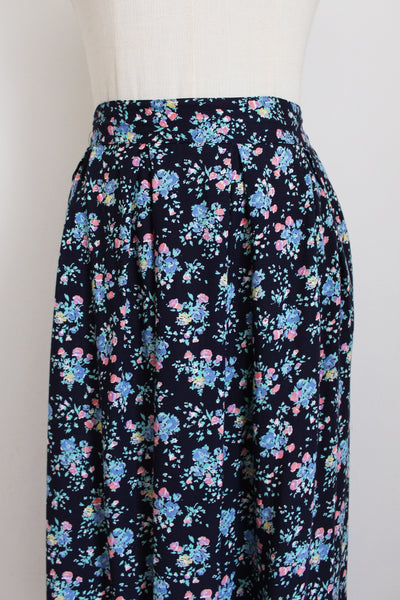 VINTAGE PLEATED FLORAL MIDI SKIRT NAVY - SIZE 12