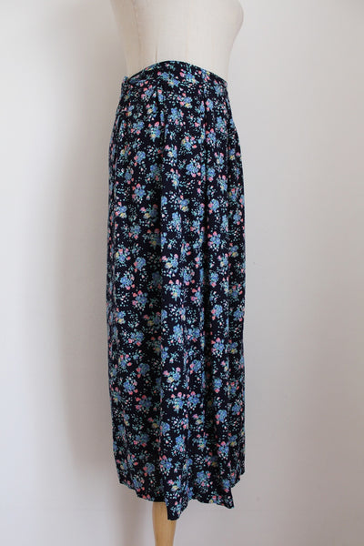 VINTAGE PLEATED FLORAL MIDI SKIRT NAVY - SIZE 12