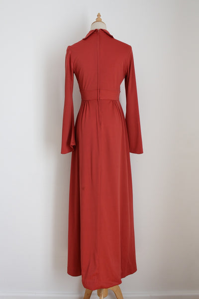 VINTAGE HIGH COLLAR MAXI DRESS BRICK - SIZE 8