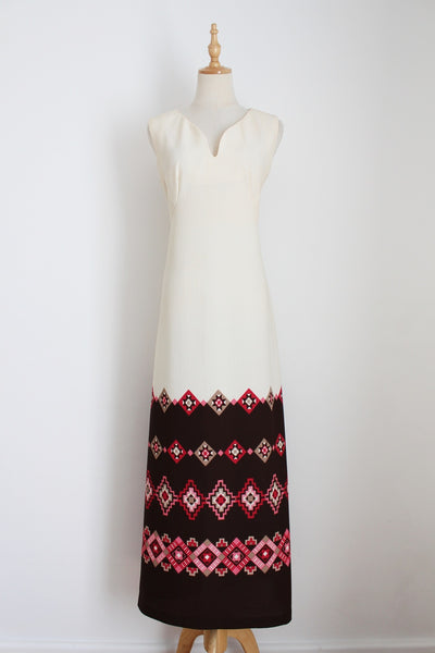 VINTAGE SLEEVELESS MAXI DRESS CREAM BROWN - SIZE 8