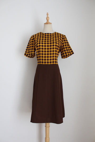VINTAGE POLKA DOT DRESS BROWN YELLOW - SIZE 10
