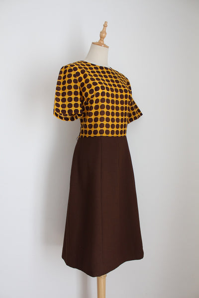 VINTAGE POLKA DOT DRESS BROWN YELLOW - SIZE 10