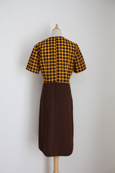 VINTAGE POLKA DOT DRESS BROWN YELLOW - SIZE 10