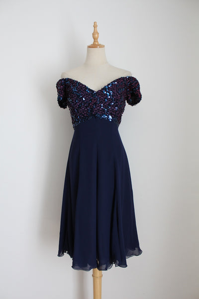 FRANK USHER VINTAGE SEQUINED DRESS NAVY - SIZE 8