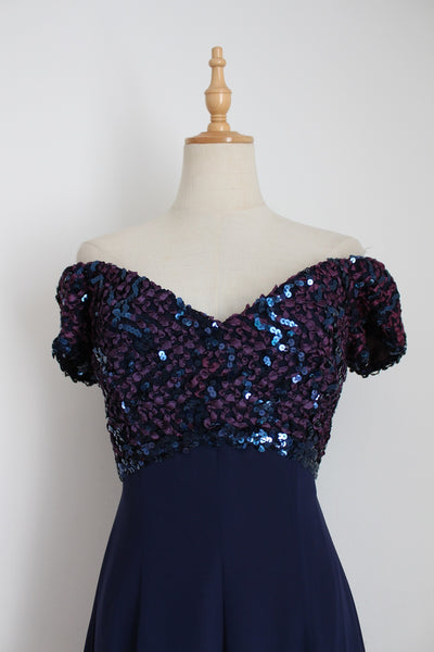FRANK USHER VINTAGE SEQUINED DRESS NAVY - SIZE 8