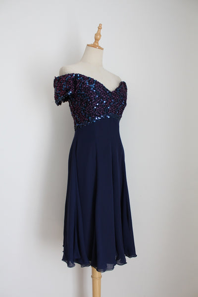 FRANK USHER VINTAGE SEQUINED DRESS NAVY - SIZE 8