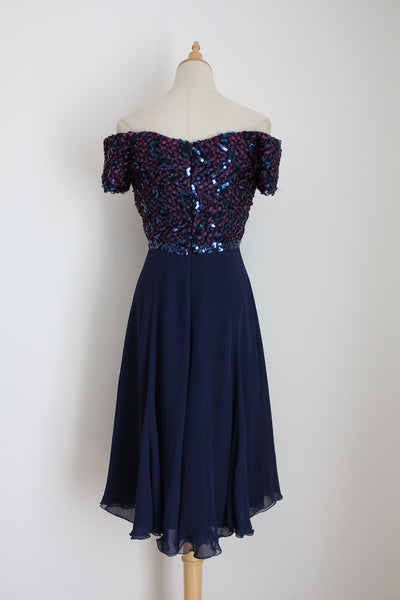 FRANK USHER VINTAGE SEQUINED DRESS NAVY - SIZE 8