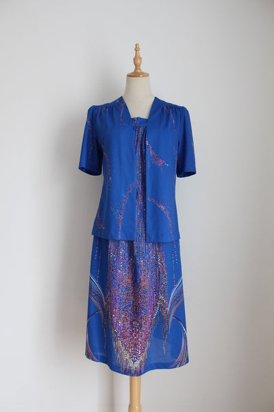 VINTAGE PRINTED TWO PIECE BLUE - SIZE 8