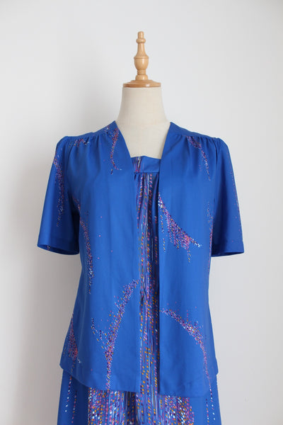 VINTAGE PRINTED TWO PIECE BLUE - SIZE 8