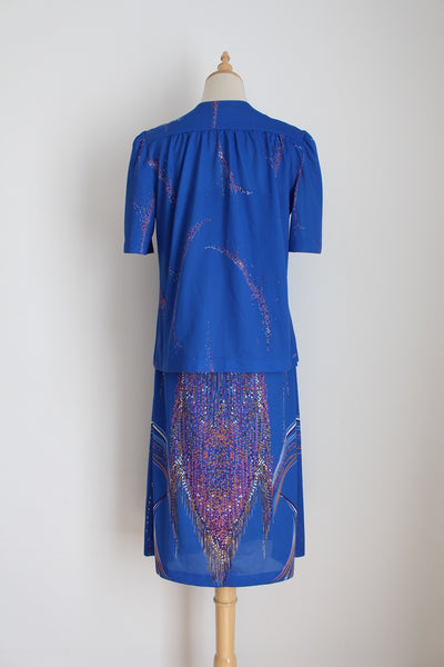 VINTAGE PRINTED TWO PIECE BLUE - SIZE 8