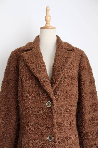 VINTAGE BOUCLE WOOL STRIPED COAT BROWN - SIZE 14