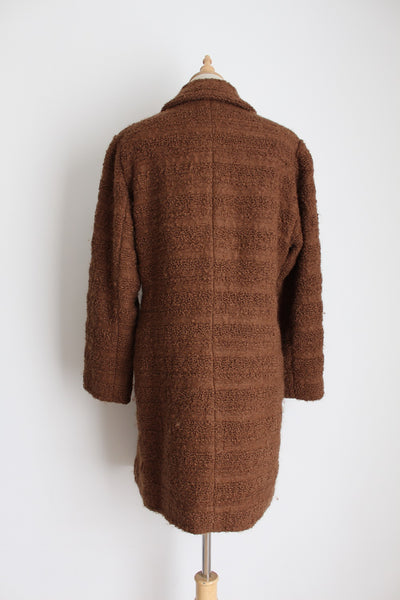 VINTAGE BOUCLE WOOL STRIPED COAT BROWN - SIZE 14