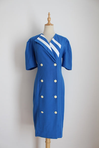 VINTAGE DOUBLE BREASTED SHIFT DRESS BLUE - SIZE 6