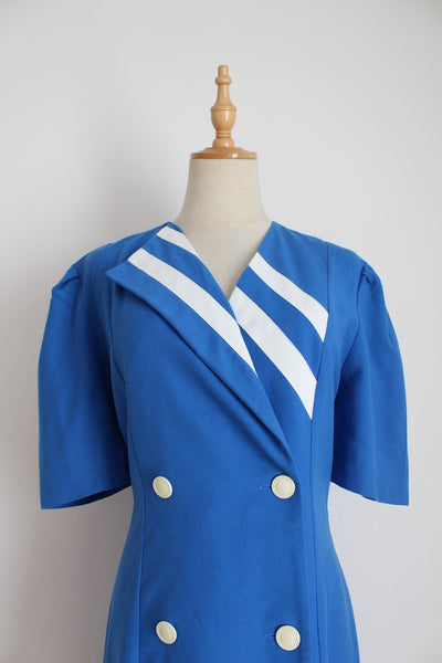 VINTAGE DOUBLE BREASTED SHIFT DRESS BLUE - SIZE 6